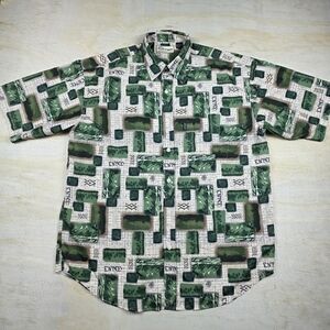Vintage Enyce Button Up Shirt Men's Size XL Green Beige All Over Print Casual